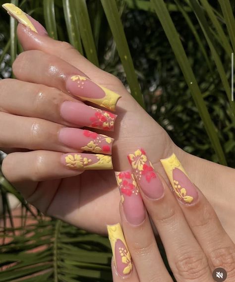 Hawaii Nails, Retro Nails, Acrylic Toe Nails, Spring Acrylic Nails, Drip Nails, Girly Acrylic Nails, Bling Acrylic Nails, Nagel Inspo, Pink Acrylic Nails