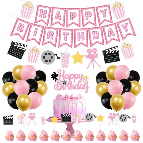 PRICES MAY VARY. MOVIE THEME BIRTHDAY PARTY DECORATION:Happy Birthday banner*2,Movie Night Theme banner*1,Happy Birthday cake topper*1(big ),Popcorn and Ice drink cake toppers*12(small),10 in 30pcs latex balloons(Macaron pink,Black and Gold).reat Party Decoration for Movie Night or any Movie Theme Party. CUTE DESIGNED:The happy birthday banner is self-designed by our designer,cute designed makes your party scene more attractive, it includes various movie patterns, like rolls, camera and popcorn, Movie Theater Decorations, Movie Theme Party Decorations, Movie Theater Birthday Party, Birthday Party Movie Night, Movie Night Birthday Party Ideas, Movie Night Party Decorations, Movie Theatre Birthday Party, Movie Birthday Party Ideas, Party Movie Night