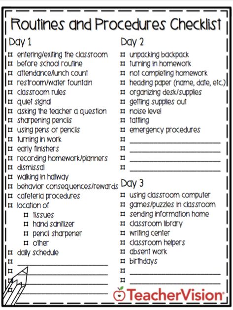 Use this back to school checklist to establish routines and procedures during the first three days of school. First Day Procedures Checklist, Teacher Checklist Before School Starts, First Week Of School Ideas 1st Grade, Procedures To Teach First Week Of School, First Week Of School Activities 2nd, First Day Of School Procedures, 1st Week Of School Activities, Routines And Procedures Checklist, Preschool Procedures