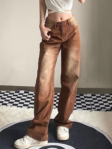 Rust Brown  Collar  Denim Plain Straight Leg Embellished Non-Stretch  Women Clothing Brown Jeans Outfit, Rust Jeans, Scarecrow Costume, Painted Clothes Diy, Flair Jeans, Preformance Outfits, Brown Jeans, Women Denim Jeans, Designer Jeans