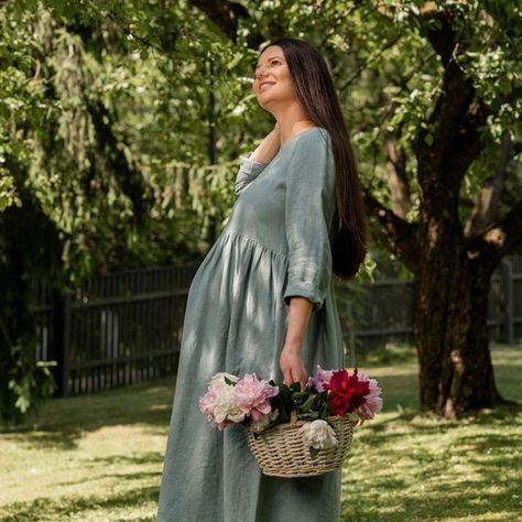 Linen maternity dress in mint green color. Pregnancy clothes from linen. White Linen Maternity Dress, Linen Maternity Clothes, Vintage Maternity Dress, Postpartum Dress, Vintage Maternity Clothes, Linen Maternity Dress, Maternity Fits, Postpartum Dresses, Acreage Living