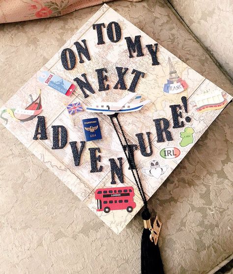 Airplane Graduation Cap, Graduation Cap Designs Travel, Adventure Graduation Party, Flight Attendant Graduation Cap, Travel Grad Cap, Travel Theme Graduation Party, Aviation Graduation Cap, Travel Graduation Party Ideas, Pilot Graduation Cap