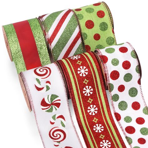 PRICES MAY VARY. 【SIZE】2-1/2 inch wide ribbon,5 yards per spool,6 rolls per package.Come with spool convenient for you to use and store. 【6 Rolls】Christmas-themed res and lime green assortment.High-quality burlap with glitter red and green candy cane,polka dots,stripes Christmas pattern, 6 style glitter wired ribbon to meet your various creative Christmas decorations. 【RANG OF USE】Sparkling surface and wired edges make these ribbon perfect for Christmas tree decoration,Christmas toppers bows,wre Grinchmas Christmas Tree, Grinch Candy Cane Wreath, Grinch Themed Christmas Decoration, Grinch Ribbon, Lime Green Christmas Tree, Grinch Themed Christmas, Lime Green Christmas, Friendsgiving Table, Bows Wreaths