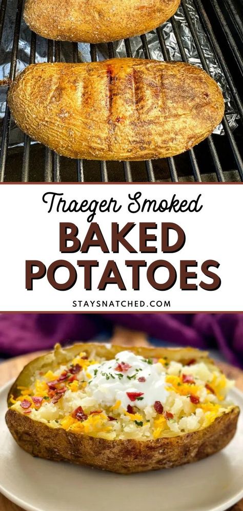 These Smoked Baked Potatoes have the perfect smoky kick. They are so easy to smoke with your meat or smoke up a bunch for a crowd as a main dish. Season them up and load them with your favorite toppings. These can be made with any smoker or pellet Traeger grill. Smoked Baked Potatoes, Smoked Potatoes, Easy Vegetable Side Dishes, Bbq Sides, Traeger Grill, Twice Baked Potatoes, Gluten Free Sweets, Cheesy Potatoes, Baked Potatoes