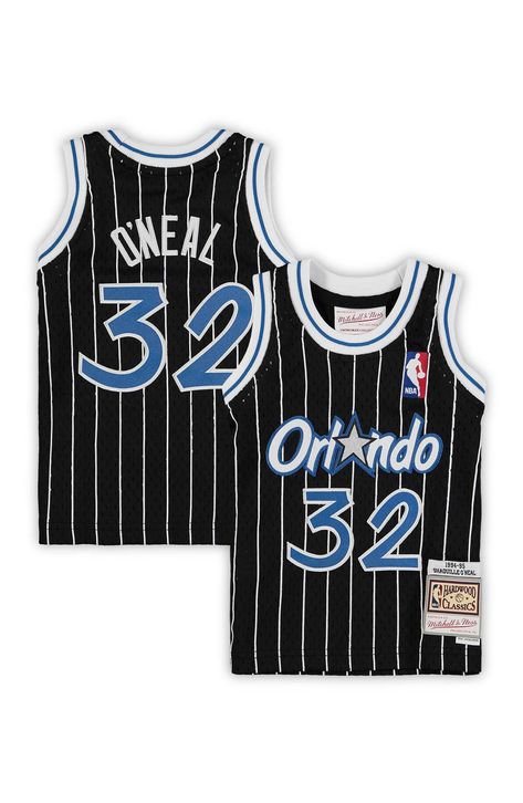 Introduce your little one to a star from the Orlando Magic past with this Hardwood Classics Retired Player jersey from Mitchell & Ness. The old-school design features vintage Orlando Magic graphics that will take everyone back to when Shaquille O'Neal was one of the most electrifying talents in the NBA. This throwback Shaquille O'Neal jersey is also designed with mesh fabric for a lightweight feel. Material:  100% Polyester Tackle twill applique graphics Heat-sealed NBA logo Side splits at w Boosie Badazz, Nba Jerseys, Nba Logo, Shaquille O'neal, Basketball Fans, Popular Sports, Nba Jersey, Orlando Magic, Mens Trends