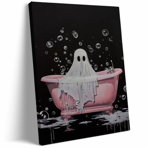 PRICES MAY VARY. Easy To Hang：Retro Halloween Frame wall art Poster size：11*14inchs. Whimsical ghost art already stretched on solid wooden frames, gallery wrapped, with hooks and accessories, ready to hang. The painting can be easily hung in any room you like and is very convenient. Enjoy a hassle-free setup that takes just a few minutes,Perfect for adding an eerie magical touch to any room this wall art features a captivating design that embodies the spirit of the season. High Quality Ghost Can Frankenstein House Decor, Dry Erase Halloween Art, Horror Bathroom Decor, Spooky Things To Paint, Cool Wall Art Paintings, Halloween Restroom Decor, Spooky Season Painting, Ghost Bathroom, Halloween Paintings On Canvas Easy