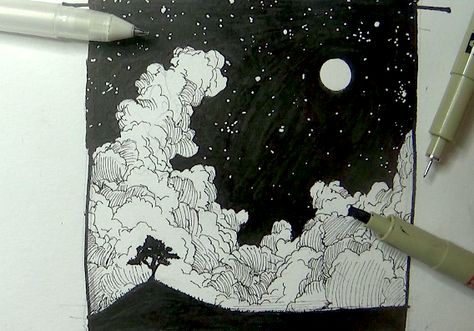 Small and simple night time landscape Night Sky Ink Drawing, Night Landscape Drawing, Landscape With Moon, Night Sky Landscape, Landscape Drawing Tutorial, Pen Ink Drawing, Shojo Anime, Cloud Drawing, Sky Landscape