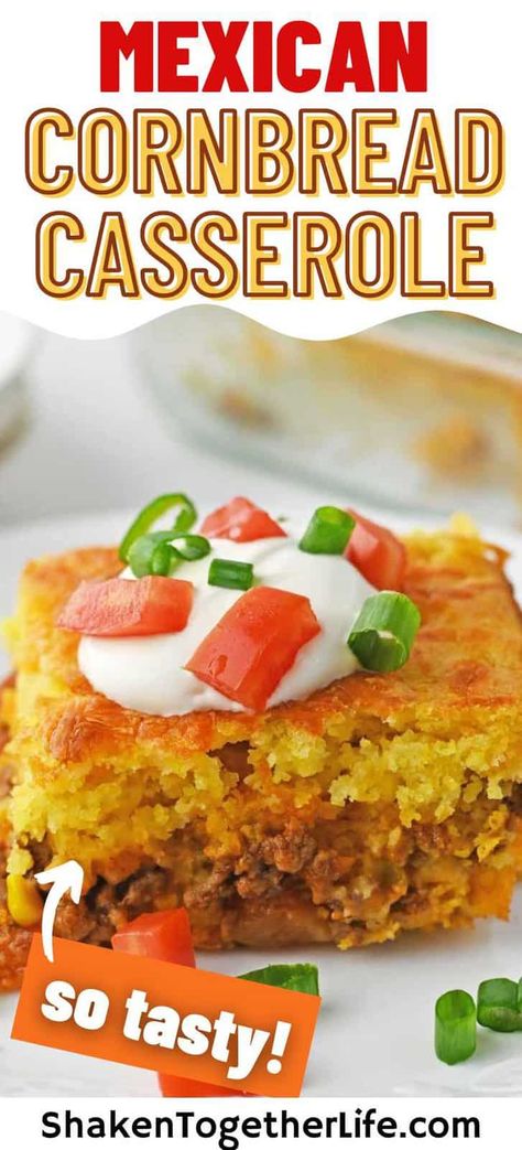 Jiffy Cornbread Casserole is an easy and delicious family-friendly dinner recipe! This loaded ground beef casserole is packed with flavor thanks to Ro-tel, taco seasoning, and lots and lots of cheese and taco toppings! Loaded Cornbread Casserole, Taco Cornbread Casserole Jiffy, Cornbread Dinner Ideas, Mexican Cornbread Jiffy, Easy Mexican Cornbread, Mexican Cornbread Casserole Recipe, Jiffy Cornbread Casserole, Cornbread Dinner, Jiffy Recipes