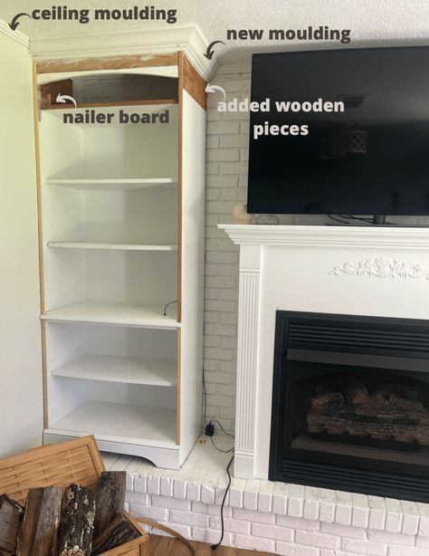 Faux Fireplace Built Ins, Faux Built Ins Around Fireplace, Diy Built In Bookcase Fireplace, Bookshelf Around Fireplace, Diy Built Ins Around Fireplace, Bookcase Next To Fireplace, Built In Bookshelves Around Fireplace, Built Ins Around Fireplace, Fireplace Built Ins Diy