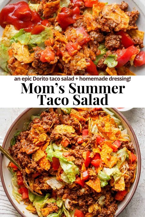 Taco Salad - An epic Taco Salad Recipe that includes Doritos and a homemade tomato-based dressing! Perfect for a hot summer day! #tacosalad #tacosaladrecipe #tacosaladbowls #tacosaladdoritos #tacosaladbar #tacosaladwithdoritos Party Taco Salad, Epic Salad Recipe, Taco Potato Salad, Taco Salad Side Dish, Wendy’s Taco Salad, The Best Taco Salad, Thousand Island Taco Salad, Summer Tacos Recipes, Southwest Taco Salad