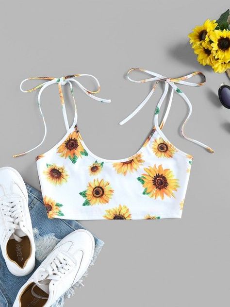 Sunflower Outfit, Crop Tops Shirts, Pullover Vest, Crop Cami Top, Tank Top Women, Printed Sleeveless Blouse, Sunflower Pattern, Cute Tank Tops, White Coral