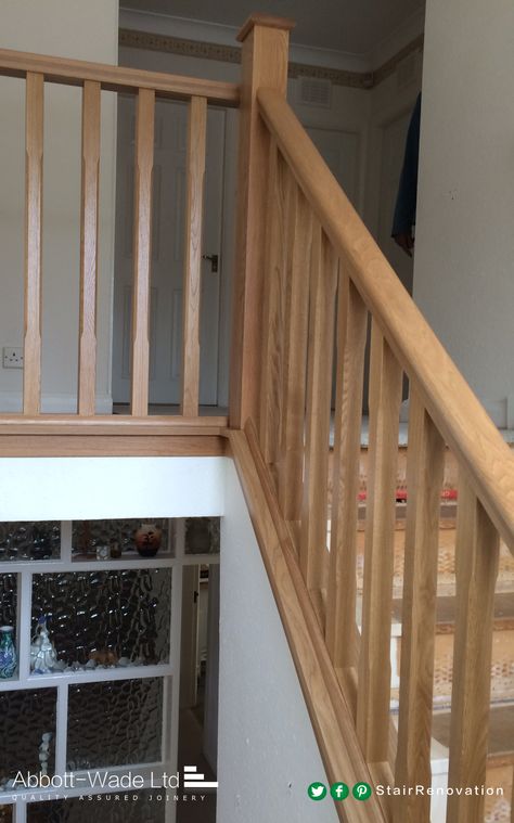 Chamfered oak spindles with oak newel posts and rails. Stair Railing Ideas Wood, Hallways Ideas, Wood Railings For Stairs, Deck Stair Railing, Oak Spindles, Ship Ladder, Stair Railing Kits, Wood Stair Treads, Metal Stair Railing