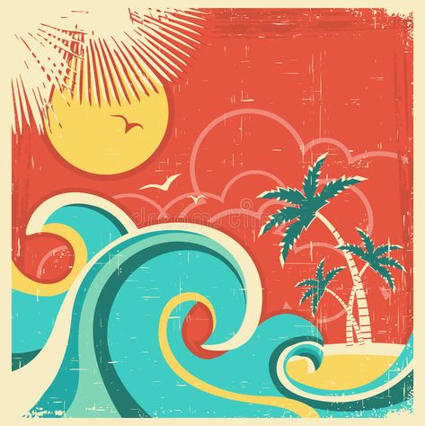 Poster Board Ideas, Old Paper Texture, Retro Surf Art, Sea Background, Tropical Poster, Tropical Background, Retro Artwork, Vintage Tropical, Nature Posters