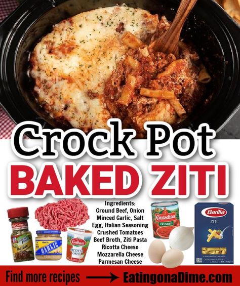 Chicken Baked Ziti Crockpot, Pioneer Woman Crockpot Recipes Slow Cooker, Slow Cooker Ziti With Meat, Crockpot Baked Ziti Easy, Ziti Recipes Crockpot, Crockpot Ziti With Meat, Spaghetti Recipes Crockpot Ground Beef, Crockpot Pasta With Ricotta, Crock Pot Ziti With Meat