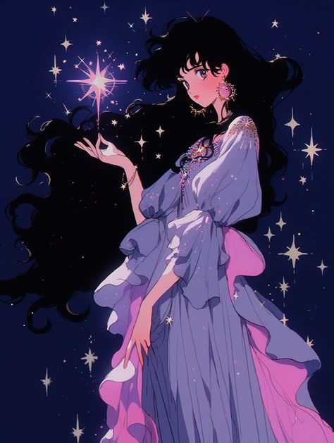 Newest Midjourney AI Showcase mentored by ThetaCursed, License: CC BY-NC 4.0 Holding A Star Drawing, Dusk Court, Sailor Luna, James King, Supernatural Art, Goddess Art, Dreamy Art, Purple Dress, Linocut