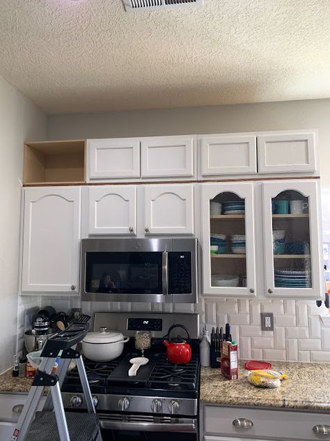 Adding a row of stacked cabinets Add Cabinets To Ceiling, Adding A Top Row Of Cabinets, End Of Upper Kitchen Cabinet Ideas, Adding Cabinets Above Cabinets Kitchen, Adding Storage Above Kitchen Cabinets, Adding Cabinets To Existing Kitchen, Adding Upper Cabinets To Existing, Adding Cabinets Above Cabinets, Storage Above Kitchen Cabinets