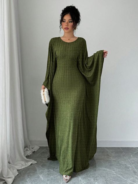 Women's Elegant Solid Color Loose Casual Pleated Ruffle Fabric Solid Color Round Neck Batwing Sleeve Dress Green Casual  Half Sleeve Knitted Fabric Plain Fitted Medium Stretch  Women Clothing, size features are:Bust: ,Length: ,Sleeve Length: Tight Long Dress, Batwing Sleeve Dress, Batwing Dress, 30s Fashion, Ruffle Fabric, Mid Length Dresses, Kids Sleepwear, Inspiration Mode, Evening Dresses Long