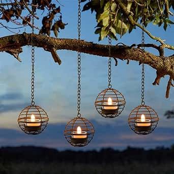 Solar Hanging Lanterns Outdoor Waterproof, Rust Iron Ball Candle Holder with Flickering Solar Powered Tea Lights, Perfect Chargeable Solar Lights for Backyard Patio Garden Fence Tree Decoration-4Pack Backyard Solar Lights, Fence Trees, Lanterns Outdoor, Solar Hanging Lanterns, Outdoor Lantern Lighting, Walkway Lights, Ball Candles, Led Tea Lights, Outdoor Lighting Landscape