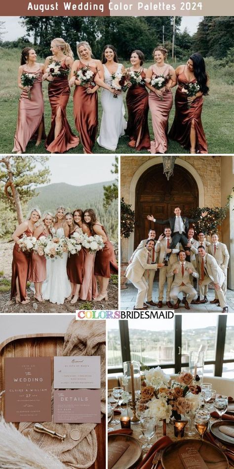 Brown, dusty rose and cream August wedding color palettes inspirations for 2024: mixed matched bridesmaid dresses of brown and dusty rose, white bridal gown, cream groom and groomsmen suits with brown ties, brown and dusty rose wedding invitations, brown and dusty rose wedding table decorations. #weddingcolors #weddingideas #summerweddings #augustwedding #colsbm #2024 #bridesmaiddresses #brownanddustyrose August Wedding Colors 2024, August Bridesmaid Dresses Color Schemes, Summer Bridal Party Colors, August Wedding Color Schemes, August Wedding Colors Summer, Cinnamon Rose Wedding Color Scheme, Groomsmen Color Schemes, Wedding Colors August, August Wedding Colors Palette