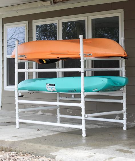 Kayak Stand Diy Storage Racks, Pvc Kayak Storage, Outdoor Kayak Rack, Easy Kayak Rack, Camper Kayak Rack, Pvc Projects Outdoor, Sup Rack, Pvc Kayak Rack Diy, Kayak Stands Diy