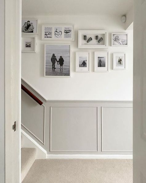 Cornforth White Hallway, Cream Hallway, Hallway Colour Schemes, Painted Hallway, Hallway Panelling, Mr L, Dining Room Colour Schemes, Stair Paneling, Grey Hallway