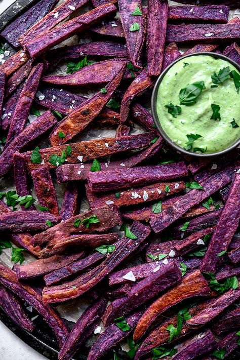 Purple Potato Fries, Purple Potato Appetizer, Purple Yam Recipe Savory, Purple Savory Food, Purple Sweet Potato Fries, Purple Finger Food, Sweet Purple Potato Recipes, Purple Board Night Food, Purple Carrot Recipe