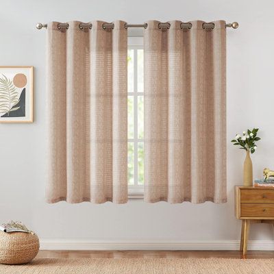 These linen blend curtains add a bohemian art to your windows. Each panel measures 52"W, 2 panels included. Warm up your space with the natural look and feel of our striped print patterned curtains. Union Rustic Curtain Colour: White/Tan, Size per Panel: 52" W x 63" L | Union Rustic Amadas Linen Semi-Sheer Curtain Pair 63.0 x 52.0 in | Home Decor | C100422992_1784105762_1788967306 | Wayfair Canada Linen Curtains Bedroom, Tan Curtains, Patterned Curtains, Canopy Curtains, Rustic Curtains, Curtain Ideas, Bohemian Art, Curtain Patterns, Shades Blinds