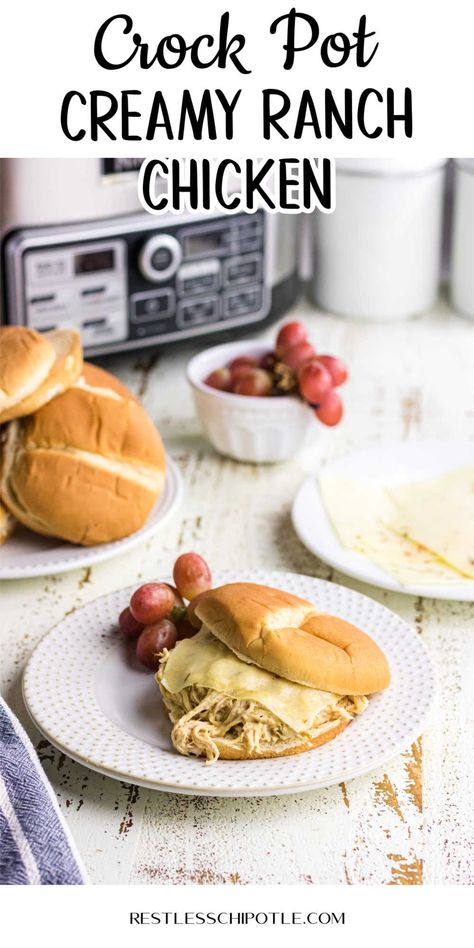 Crockpot Shredded Chicken Sandwiches, Creamy Ranch Sauce, Crockpot Shredded Chicken, Creamy Ranch Chicken, Ranch Chicken Crockpot, Shredded Chicken Sandwiches, Shredded Chicken Crockpot, Sandwich Rolls, Ranch Sauce