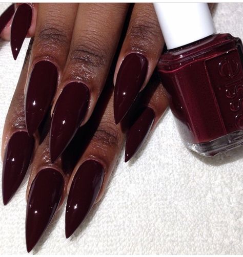 Dark Cherry Red Nails Coffin, Purplish Red Nails, Burgundy Pointy Nails, Cute Pointy Nails, Deep Color Nails, Red Wine Acrylic Nails, Burgundy Purple Nails, Almond Nails Maroon, Plum Red Nails