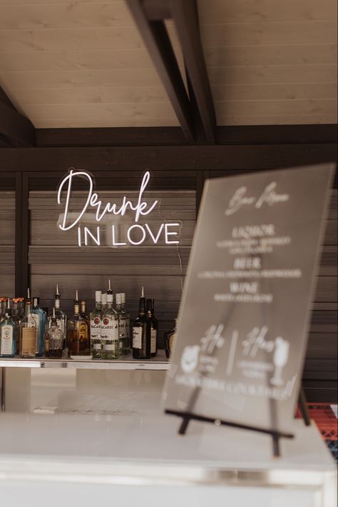 #wedding #weddingbar #weddingbarsign #weddingbarsignage #weddingbardecor #weddingbarsetup #backyardwedding #outdoorwedding #outdoorweddingbar #backyardweddingbar Drunk In Love Wedding Bar, Drunk In Love Engagement Party, Country Bar, Drink Topper, Neon Bar Signs, Love Neon Sign, Drunk In Love, Bar Set Up, Future Wedding Plans