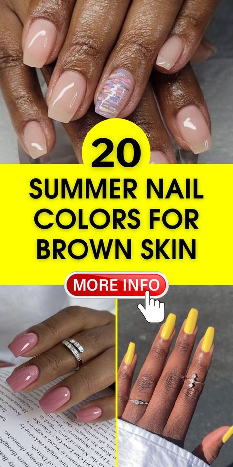 Explore summer nail colors for brown skin that cater to 2024 for style-forward women. Our trending color ideas range from simple to classy, designed to complement your tone. Whether you're into short nails or dramatic acrylics, our inspo collection offers polish for every preference. Nail Polish For Brown Skin Tone, Nail Designs For Brown Skin, Summer Nails 2024 Trends Short Simple, Nail Colors For Brown Skin, Colors For Brown Skin, Dark Skin Nail Color, Harry Potter Nail Art, Best Summer Nail Color, Summer Nail Colors