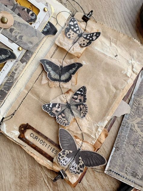 Things To Make From Book Pages, Butterfly Scrapbook Ideas, Scrap Journaling Ideas, Art Collage Ideas Projects, Cool Journaling Ideas, Junk Journal Scraps, What To Put In A Junk Journal, Creative Junk Journal Ideas, Cricut Junk Journal