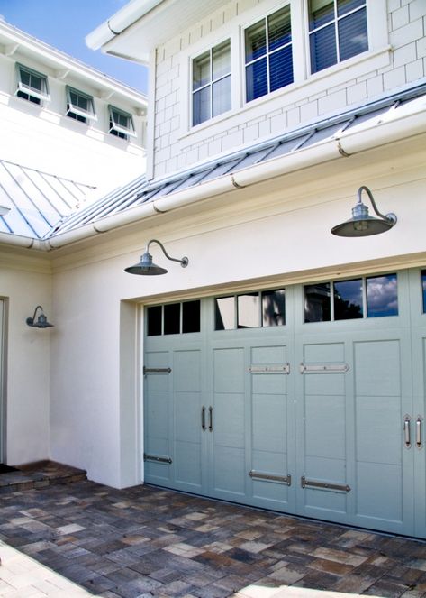 Light Over Garage Door, Gooseneck Lighting Outdoor, Garage Lights Exterior, Pergola Garage Door, Garage Door Lights, Gooseneck Lighting, Roofing Colors, Exterior Door Colors, Metal Roof Colors