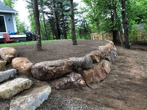 Front Yard Landscaping Ideas Retaining Wall, Rock Boulder Retaining Wall, Natural Rock Retaining Wall Landscapes, Boulders Retaining Wall, Front Yard With Boulders, Lake House Retaining Wall, Large Rock Retaining Wall Ideas, Rock Wall Retaining Walls, Natural Boulder Retaining Wall