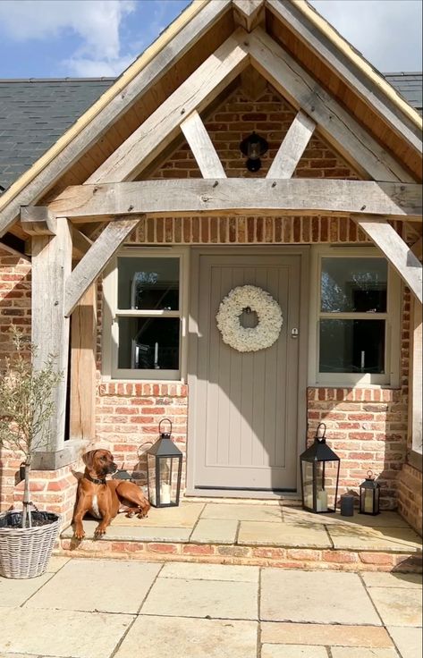 Gorgeous oak porch, with brick detailing. Wooden front door and sash windows Porch Cottage, Barn Conversion Exterior, Oak Porch, House Awnings, Exterior House Renovation, Timber Frame Building, Country Modern Home, Cottage Porch, House Front Porch