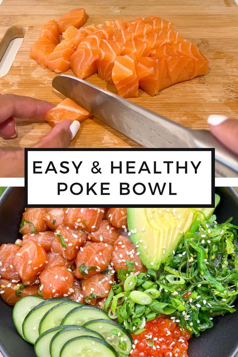 raw salmon hawaiian poke bowl served with ponzu, cucumbers, ikura bright orange salmon fish eggs, seaweed salad, avocado, and green onions Ponzu Salmon, Salmon Poke Bowl Recipe, Hawaiian Poke Bowl, Salmon Poke Bowl, Poke Recipe, Poke Bowl Recipe, Salmon Poke, Raw Salmon, Frozen Salmon