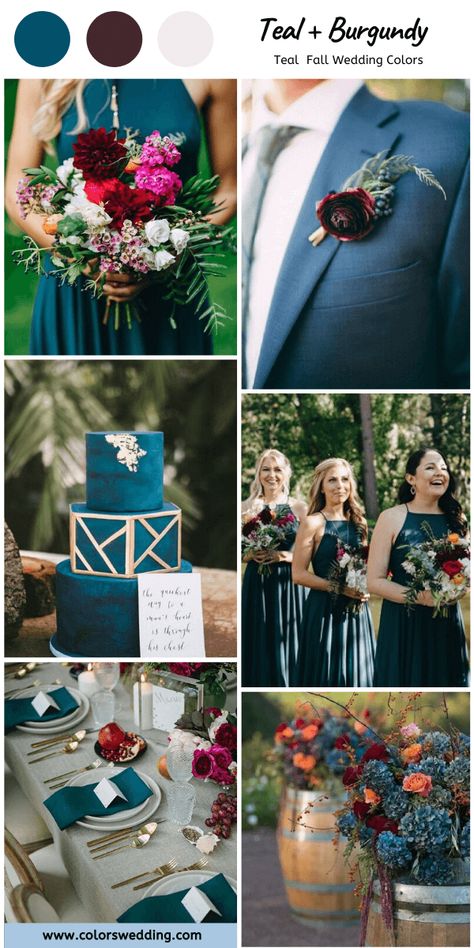 Fall Teal Bridesmaid Dresses, Teal And Ruby Wedding, Dark Teal And Burgundy Wedding Decor, Peacock Blue Wedding Colors, Teal And Burgundy Wedding Ideas, Teal And Mauve Wedding, Dark Teal Bridesmaid Dresses Fall, Burgundy Teal Wedding, Dark Teal Wedding Theme