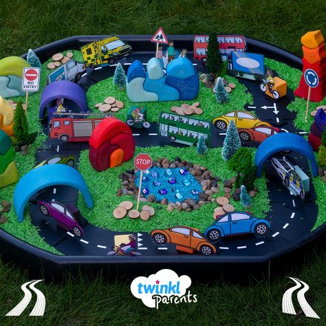 For hours of fun, why don’t you create a transport small world tuff tray using our printable vehicles? Build a road for all the cars, buses, bikes and emergency vehicles to drive along. Dyed rice can be used to create a landscape for your miniature town, including grass and a lake. Why not use other items such as toy houses, trees and pebbles to create beautiful scenery for all the vehicles to drive by? This invitation to play is perfect for encouraging your children to play imaginatively. Car Tuff Tray Ideas, Small World Tuff Tray, Transport Tuff Tray Ideas, Transport Tuff Tray, Sensory Basket, Miniature Town, Tuff Tray Ideas Toddlers, Dyed Rice, Dried Rice