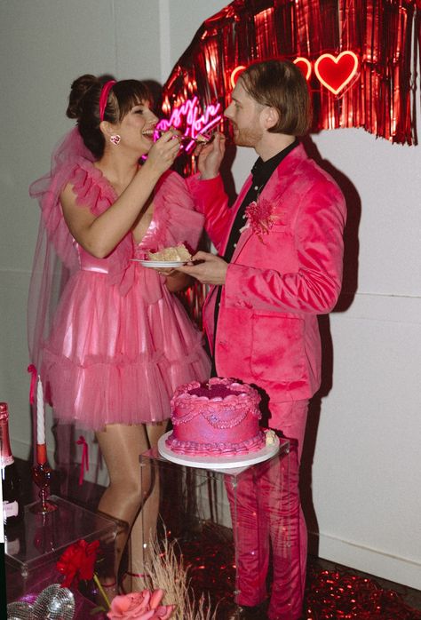 This Valentine’s Day Wedding Shoot Is Packed With Pink + Red Retro Romance Red And Hot Pink Wedding, Kitsch Wedding Decor, Vintage Valentine Wedding, Valentine’s Day Wedding, Neon Pink Wedding, Gen Z Wedding, Pink Wedding Dress Short, Hot Pink Wedding Dress, Retro Wedding Aesthetic