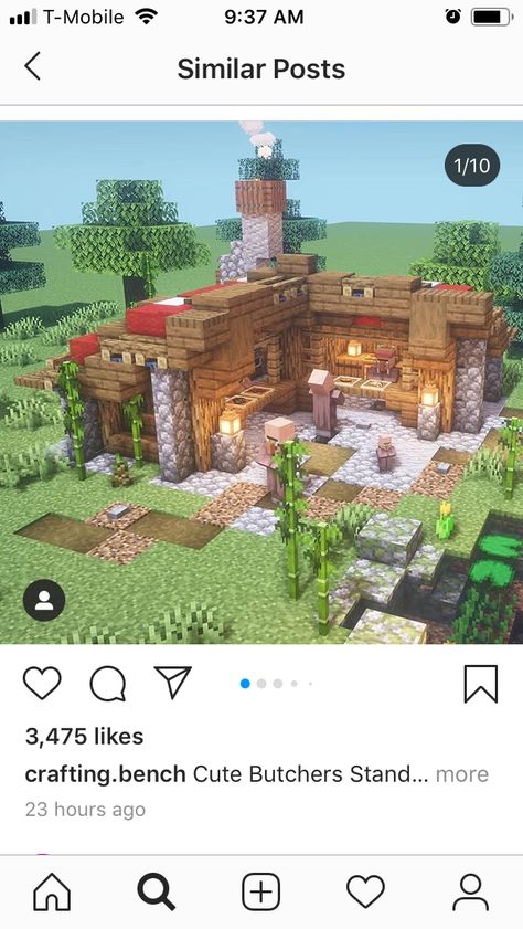 Cute Villager Stands Minecraft, Butchers Shop Minecraft, Butchers Minecraft, Minecraft Fletcher House Ideas, Butcher Minecraft Ideas, Villager Trading Area Minecraft, Butchers House Minecraft, Minecraft Butcher Shop Ideas, Butcher House Minecraft