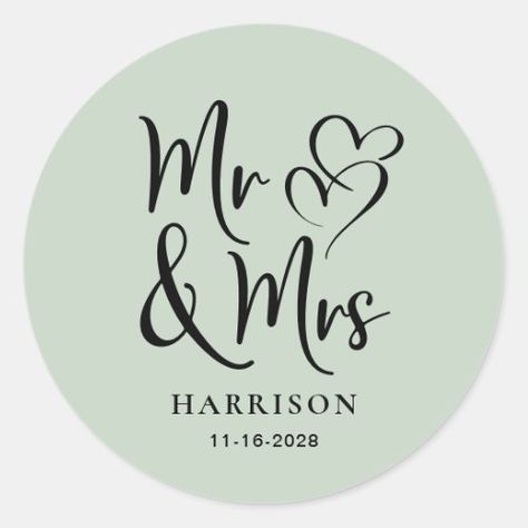 $7.25 | Mr Mrs Sage Wedding #wedding, mr and mrs, wedding label, bride groom, party favor, monogrammed, hearts, elegant, chic, sage green Wedding Mr And Mrs, Groom Party, Sage Wedding, Green Sticker, Mr And Mrs Wedding, Wedding Labels, Two Hearts, Elegant Chic, Mr And Mrs