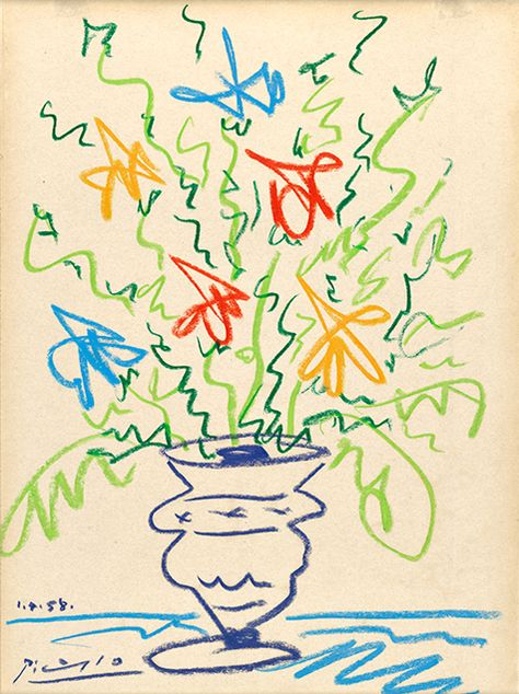 Pot of Flowers II, 1958, is a crayon drawing by Pablo Picasso. Guache Ideas, Picasso Flowers, Pablo Picasso Drawings, Pot Of Flowers, Bunny Mellon, Picasso Drawing, Pablo Picasso Art, Crayon Drawings, Picasso Paintings