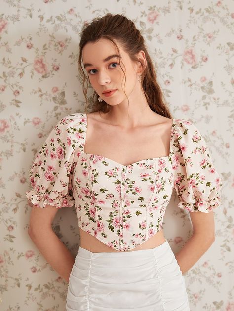 Multicolor Boho Collar Short Sleeve Woven Fabric Ditsy Floral Top Embellished Non-Stretch  Women Tops, Blouses & Tee Floral Crop Top Outfit, Corset Top With Sleeves, Top With Sleeves, Ditsy Floral Top, Bio Fashion, Trendy Outfits Indian, Corset Design, Outfits Indian, Casual College Outfits