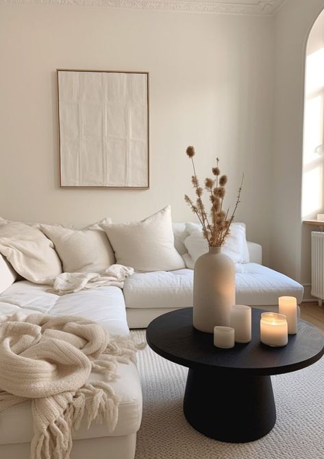 White Black Neutral Living Room, Neutral Living Room White Couch, White Apartment Aesthetic Living Room, Black And Beige Aesthetic Living Room, Black And Cream Living Room Ideas, White Sofa Living Room Color Combos, Cream Sofa Decor, Calm Home Aesthetic, Beige Apartment Aesthetic