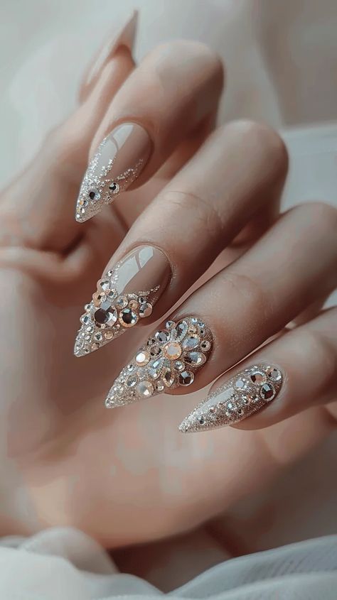 44 Crystal Nails Designs That Will Make You Sparkle and Shine 28 Nail Art Crystals Rhinestones, Crystal Nail Art Design, Swarovski Crystal Nails, Sparkly Nails With Gems, Nail Inspo Rhinestones, Gorgeous Nails Designs, Nails With Stones, Bridal Nail Designs, Trending Nail Art Designs