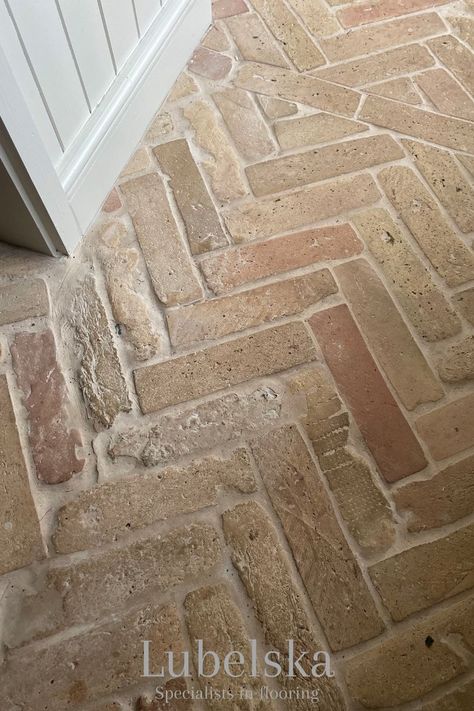 Brick Flooring Interior, Herringbone Brick Courtyard, Brick Herringbone Floor Tile, Brick Flooring In Mudroom, Brick Floor Hallway, Hereingbone Brick, Brick Floor Herringbone, Brick Herringbone Backsplash Kitchen, Rustic Brick Flooring