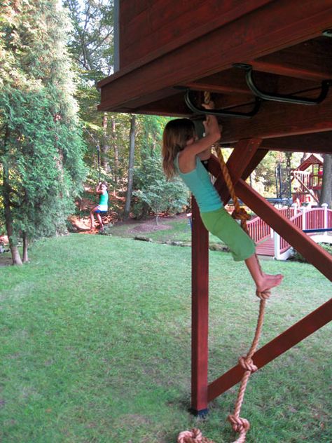 i like the monkey bars under the treehouse, so they aren't 500 degrees in the summer Monkey Bars Under Deck, Under Treehouse Ideas, Under Tree House Ideas, Under Playset Ideas, Play Structures For Kids, Outdoor Play Structures, Under Deck, Rope Climb, Tree House Plans