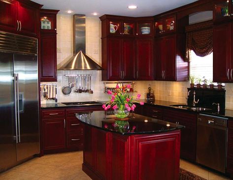 Homecrest Cabinets, Kitchen Ceilings, Cherry Kitchen Cabinets, Red Kitchen Cabinets, Red Cabinets, Black Granite Countertops, Purple Kitchen, Cherry Kitchen, Cherry Cabinets