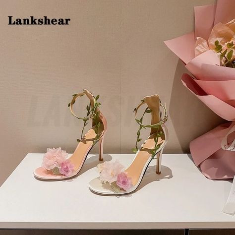 Just found this amazing item on AliExpress. Check it out! $106.31 | Women Pink Chiffon Flower High Heels Sandals One Word Rattan Strappy Sandals White Pink Ankle Strap Women's Wedding Shoes Floral High Heels, Fantasy High, Flower Heels, Heels Patterns, Modern Sandals, Dream High, Floral Heels, Chiffon Flower, Floral Sandals