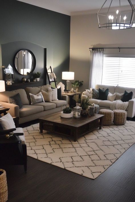 Transform your space with this inviting living room decor! 🛋️ Neutral tones with modern accents create a cozy ambiance perfect for relaxation. Achieve this stylish look with plush cushions, greenery, and rustic furniture. #livingroomdecor #interiordesign #homedecor Dark Grey Cream Living Room, Modern Rustic Living Room Grey Couch, Living Room Inspiration With Dark Floors, Living Room Den Ideas, Black Grey Brown Living Room, Rustic Cozy Living Rooms, Greige Living Room Decor, Sitting Area In Living Room Ideas, Cozy Aesthetic Living Room